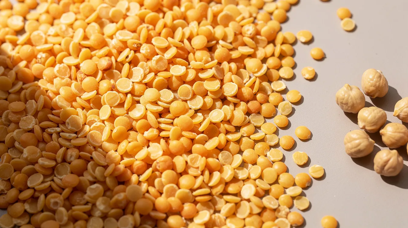 The image features golden chana dal grains spread out on a flat surface, with some whole chickpeas visible nearby, showcasing the raw materials commonly processed in a pulses processing plant. This vibrant display highlights the importance of quality control systems and efficient cleaning processes in ensuring the final product meets food safety standards.