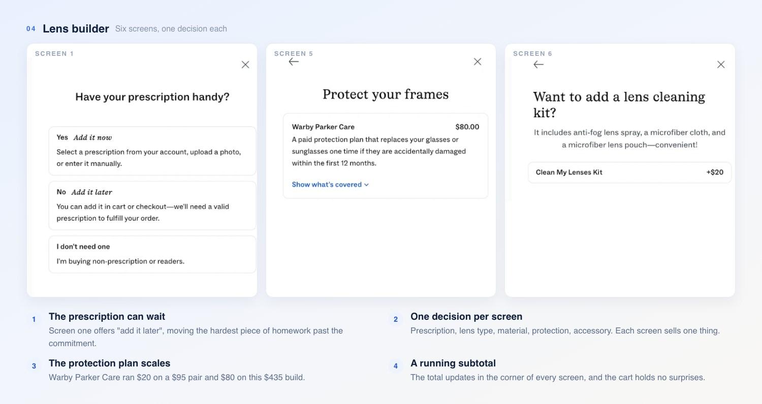 Three screens from the lens builder: have your prescription handy with an add it later option, protect your frames offering Warby Parker Care at $80, and an offer to add a lens cleaning kit for $20