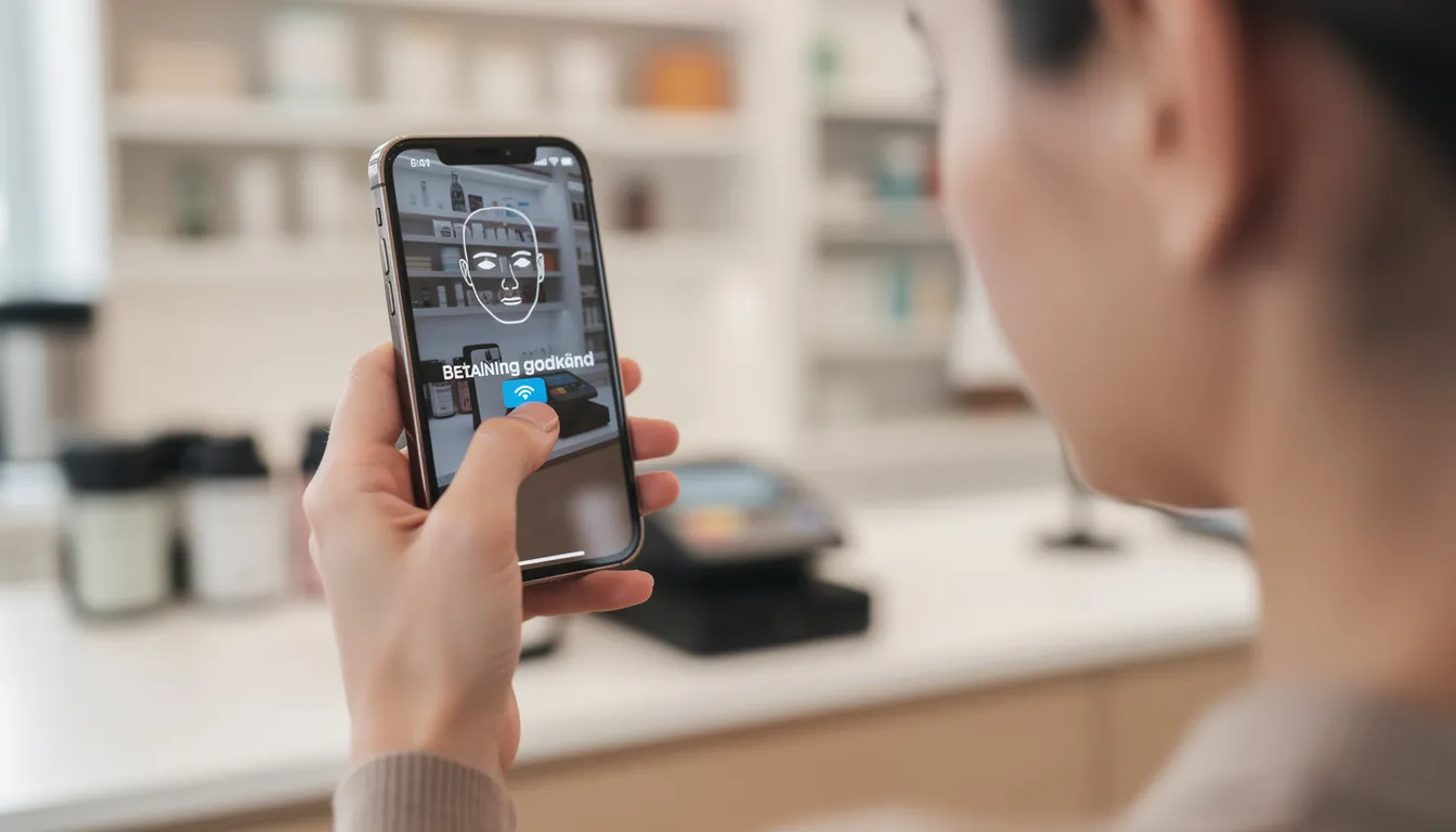 En person använder Face ID på sin iPhone för att godkänna en betalning via Apple Pay. Bilden visar hur enkelt och snabbt det är att betala med Apple Pay som betalningsmetod.