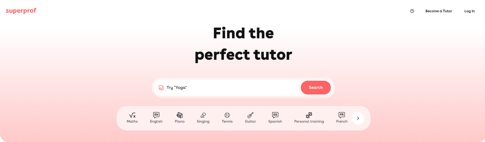 Screenshot of Superprof homepage showing tutor search filters and subject categories.
