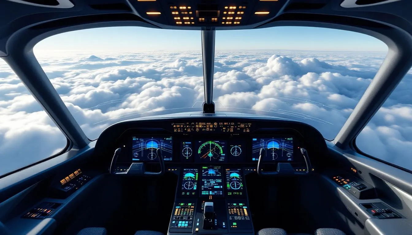 The image depicts a modern aircraft cockpit equipped with advanced digital flight management systems, showcasing the integration of digital technologies in the aviation industry. These digital tools enhance operational efficiency, streamline flight operations, and improve safety through real-time data and predictive maintenance capabilities.