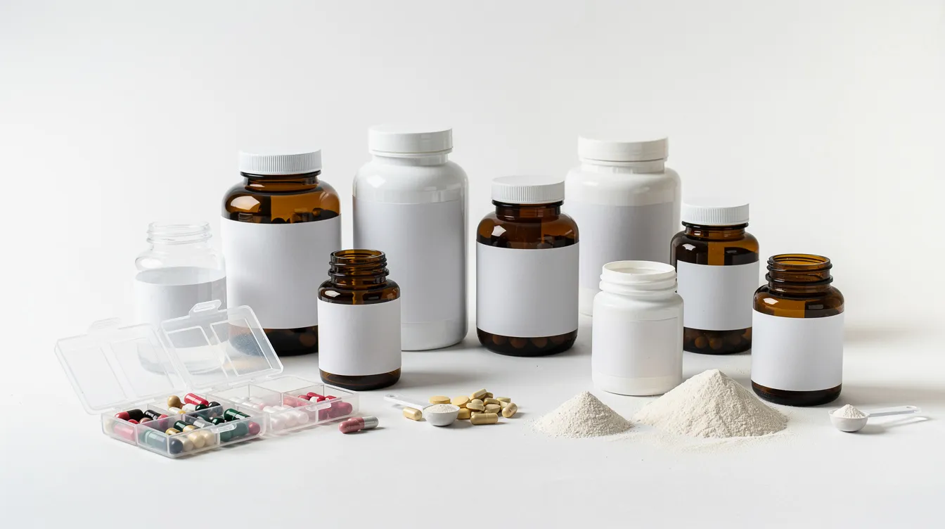 The image features an array of colorful supplement capsules and various powder containers neatly arranged on a clean white surface, showcasing essential vitamins and nutrients such as vitamin D, vitamin C, and magnesium. This visual highlights the importance of supplementation for overall health, immune support, and addressing nutritional gaps in a healthy diet.