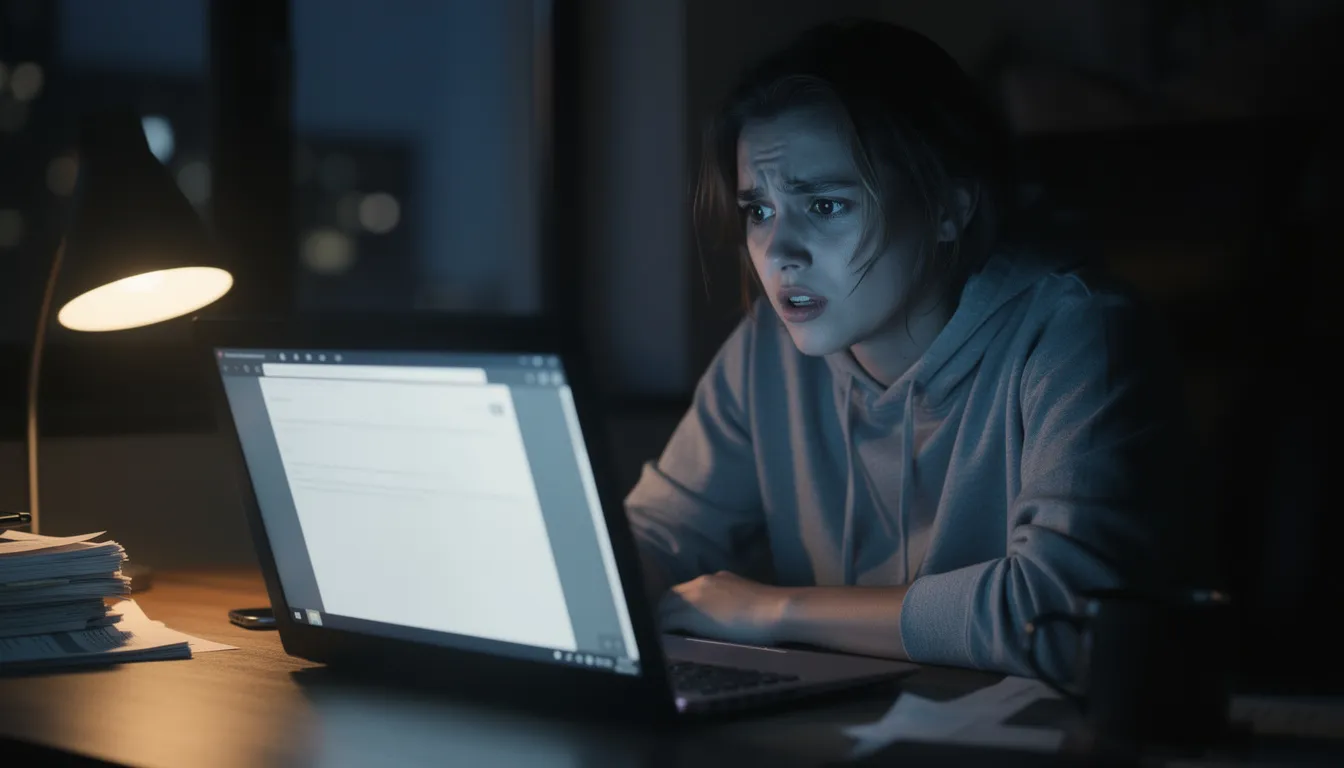 A worried person is sitting at a desk late at night, staring intently at a laptop screen with a concerned expression, possibly reflecting anxiety about identity theft or a data breach involving their personal and financial information. The dim lighting emphasizes the seriousness of the situation, hinting at the importance of identity monitoring services and protection against identity fraud.