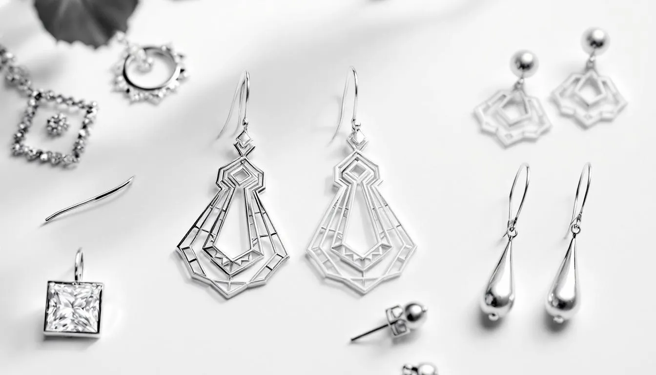 Various styles of silver drop earrings on display.