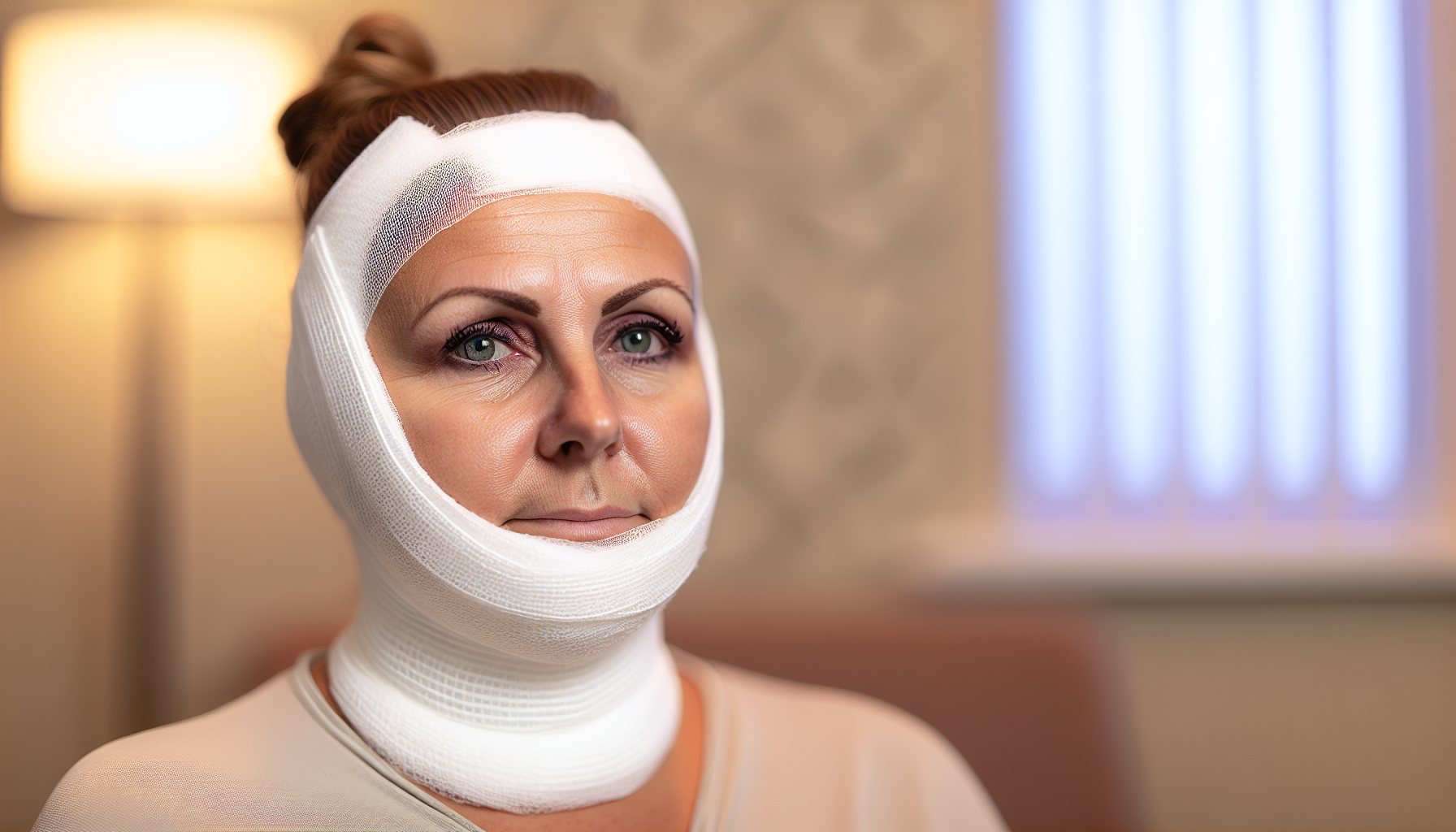 Photo of a person wearing a compression bandage after lipo papada
