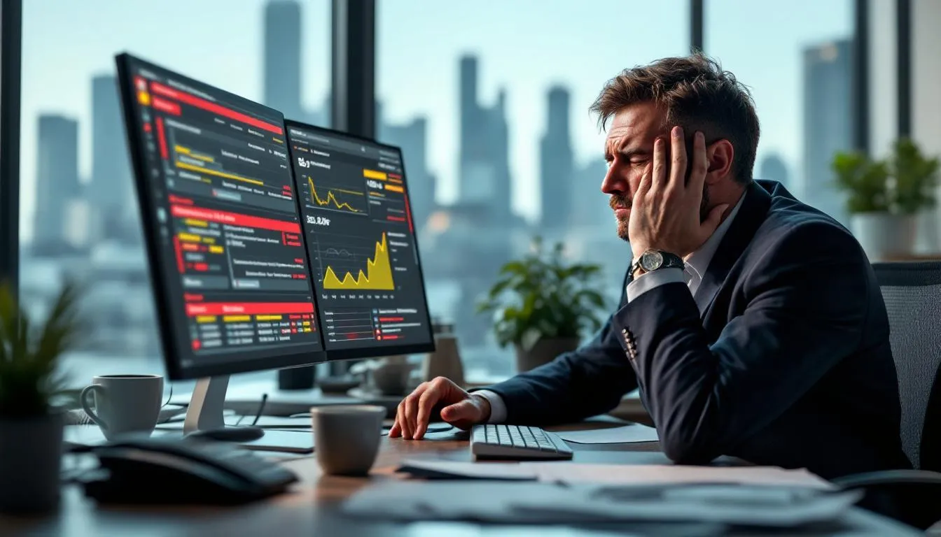 The image depicts a stressed young architect intensely focused on a computer screen displaying multiple deadlines and project timelines, reflecting the overwhelming stress often associated with job burnout. This scene highlights the challenges of maintaining a healthy work environment and work-life balance in a demanding profession.