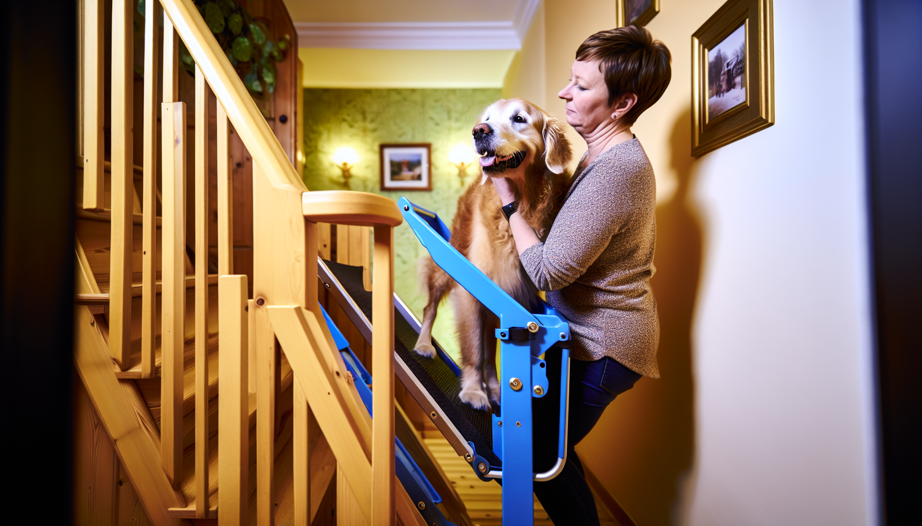 A dog with joint problems being assisted up the stairs with a lift