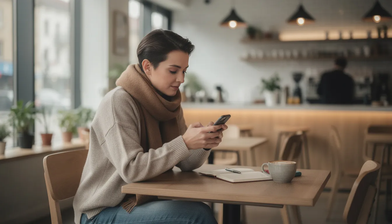 A person sits thoughtfully in a modern coffee shop, holding a smartphone while contemplating their life goals and the dynamics of their relationships. The warm atmosphere reflects a connection to the world around them, suggesting a moment of introspection and mutual respect for their partner's perspective.