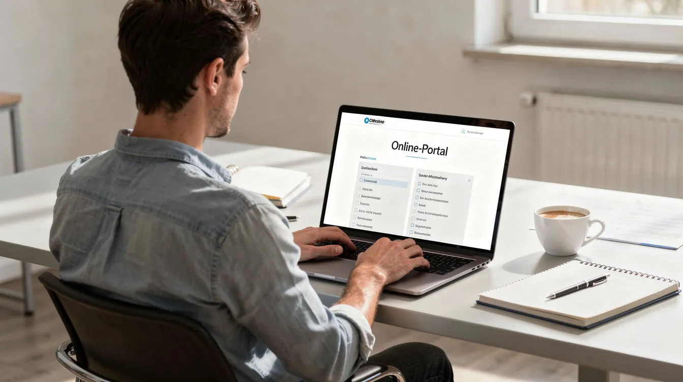 Das Bild zeigt eine Person, die an einem Schreibtisch sitzt und konzentriert auf einen Laptop schaut, während sie ein Online-Portal aufruft, um sich einzuloggen. Der Schreibtisch ist ordentlich und mit einigen Büromaterialien ausgestattet.