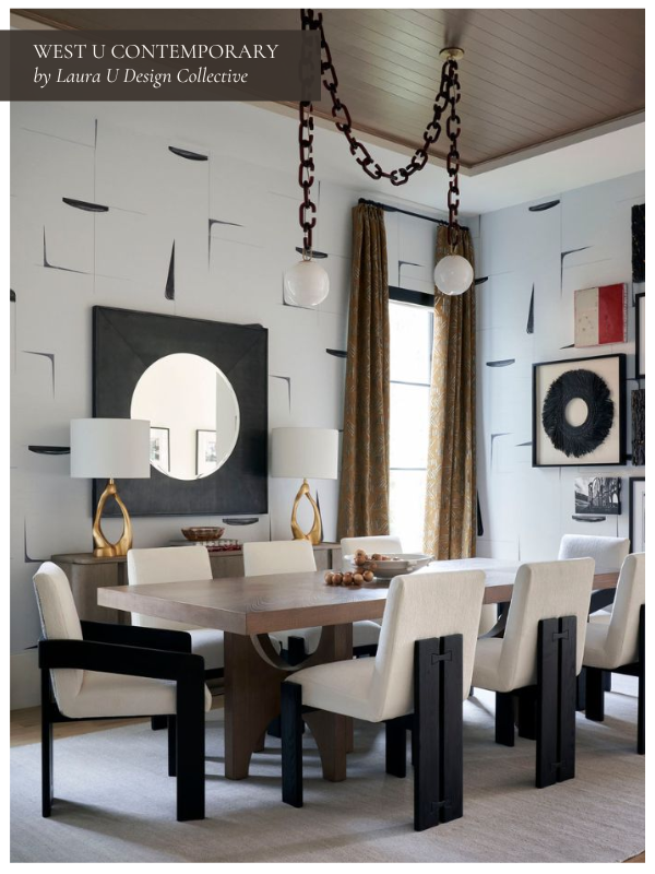 a black and white dining room with a traditional table