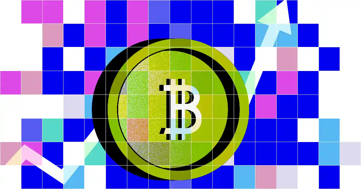 Illustration of Bitcoin logo with bright squares, bullish arrow graph 