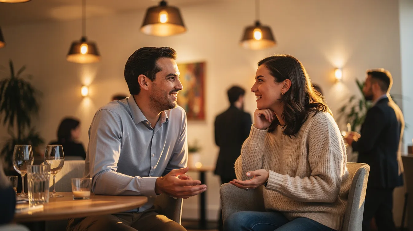 Two people engage in an open and honest conversation at a modern social event, surrounded by warm lighting that enhances their relaxed body language. Their facial expressions reflect emotional intimacy and a deep bond, creating a safe space for mutual understanding and connection.