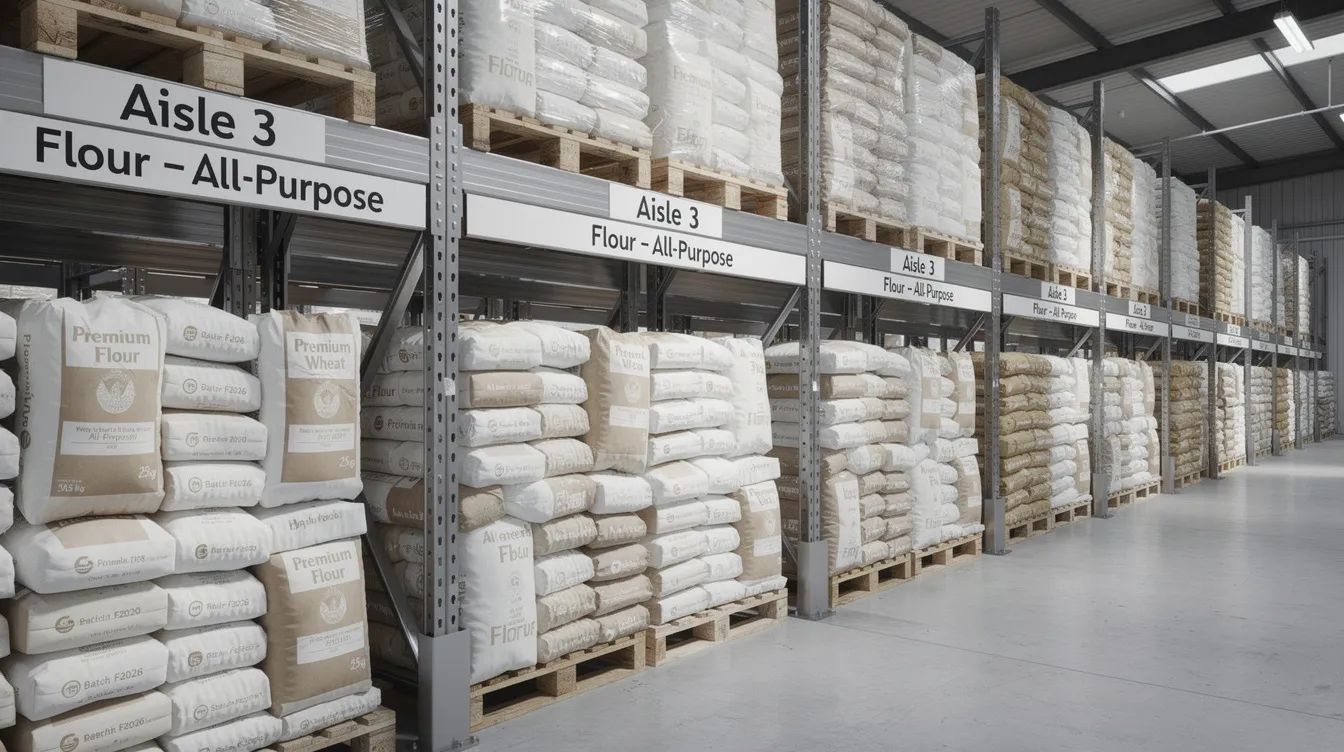 The image shows stacked bags of various specialty flours, including coconut flour and bread flour, neatly organized on labeled shelves inside a warehouse. This setup highlights the flour milling process and the diverse range of flour types available for food manufacturers, catering to health-conscious consumers and dietary restrictions.