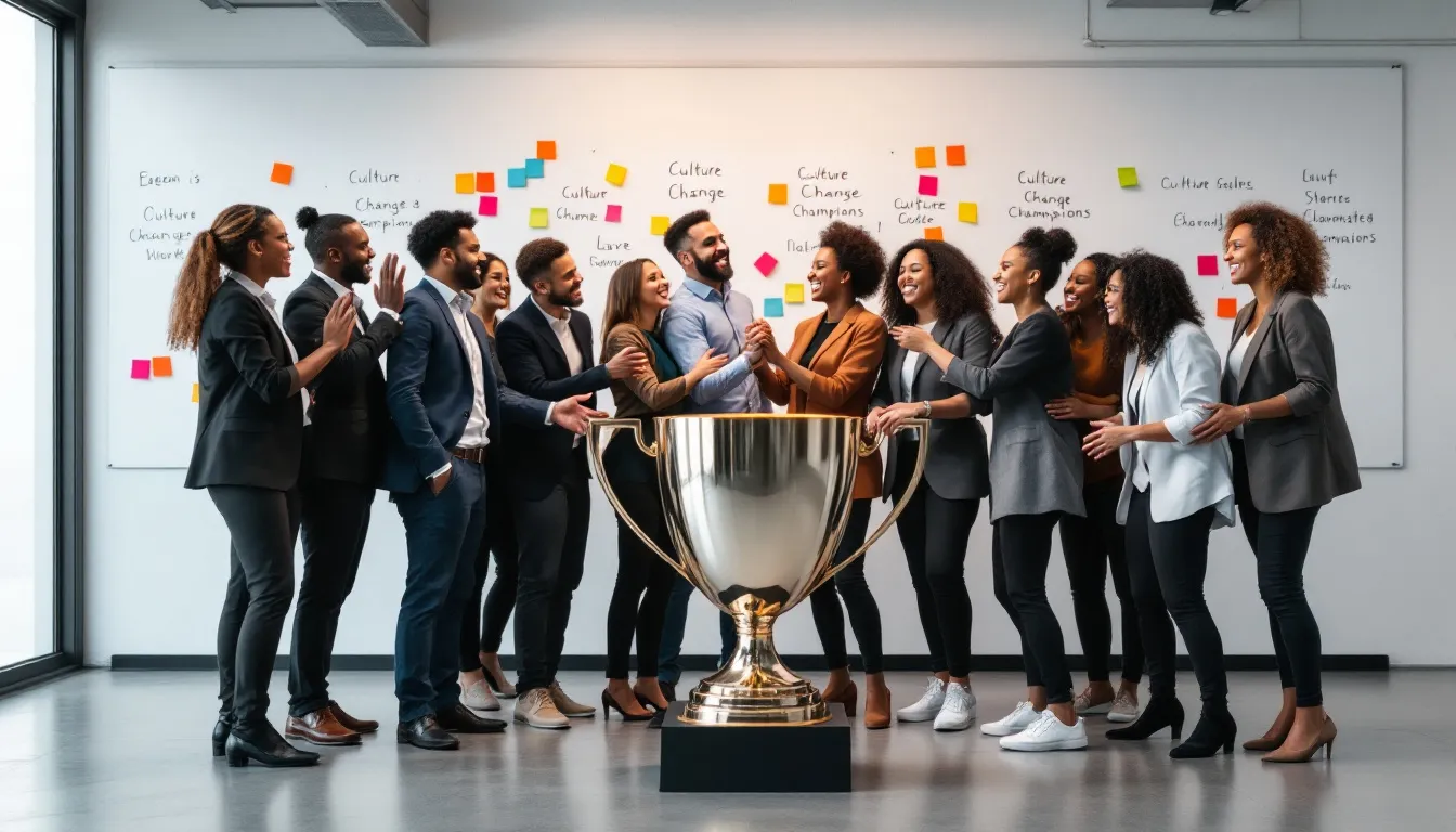 A team celebrating the success of a culture change initiative.