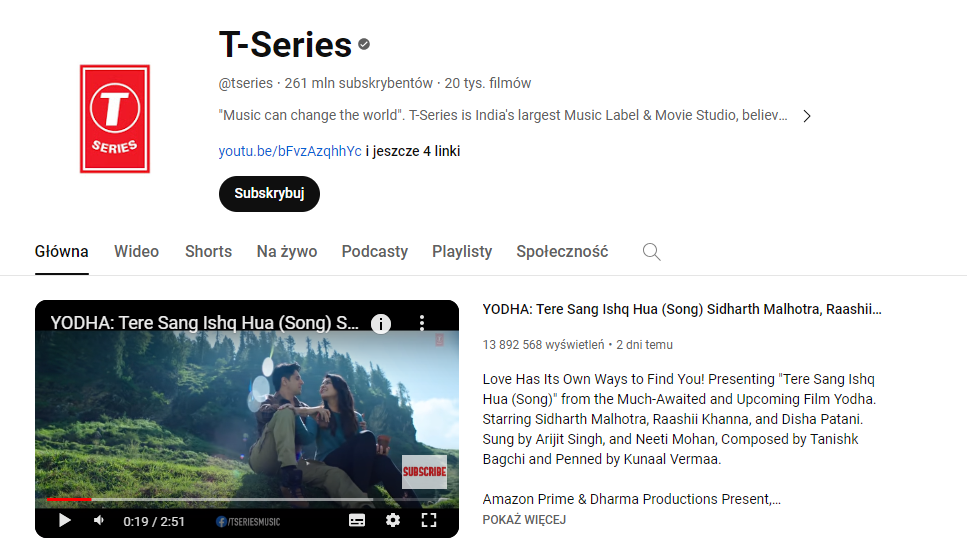 Najpopularniejszy kanał na YouTube: T-Series.