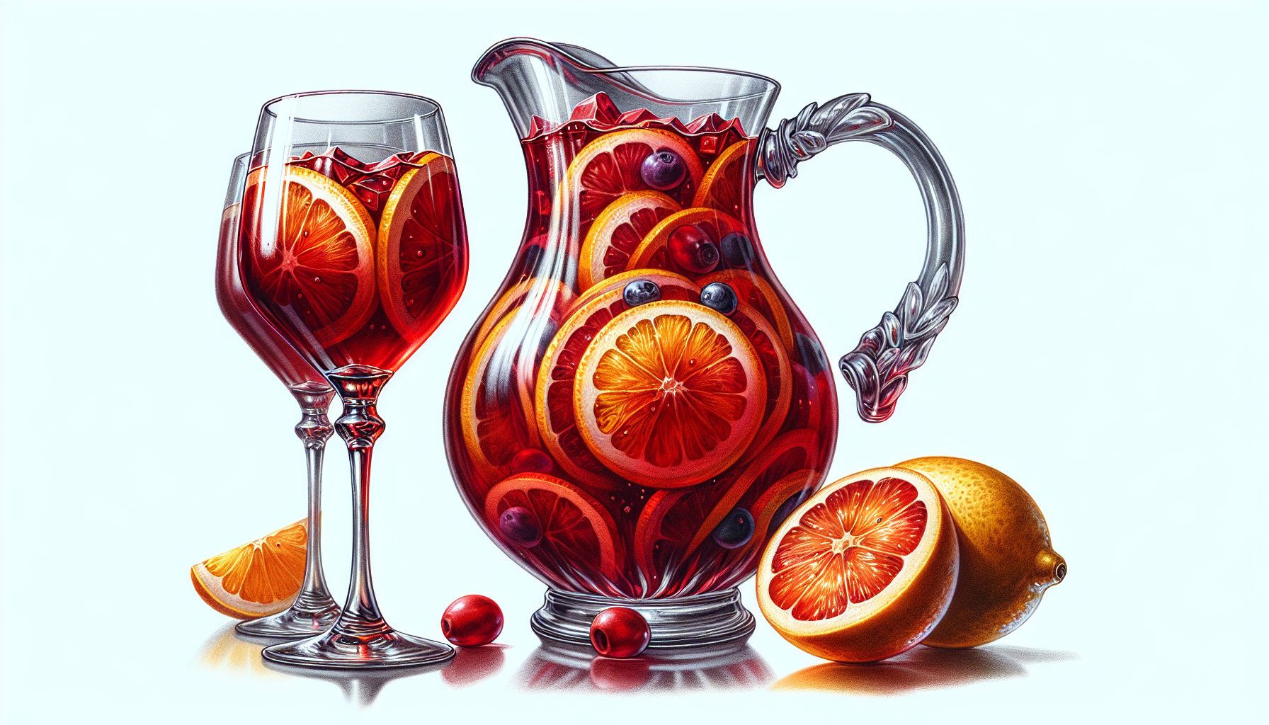 A colorful illustration of a pitcher filled with red sangria surrounded by fresh fruits and wine glasses