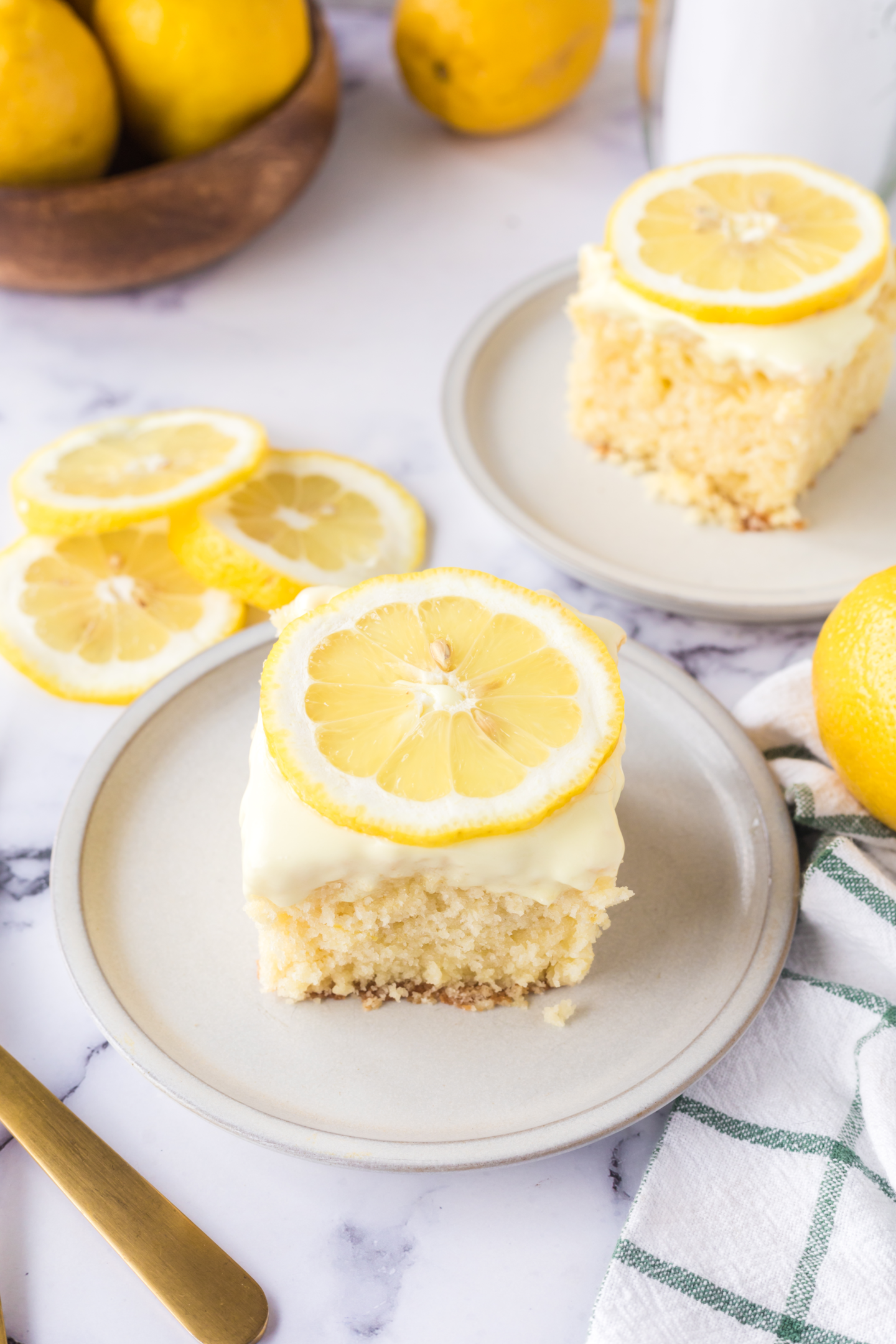 lemon sheet cake slice on a plate