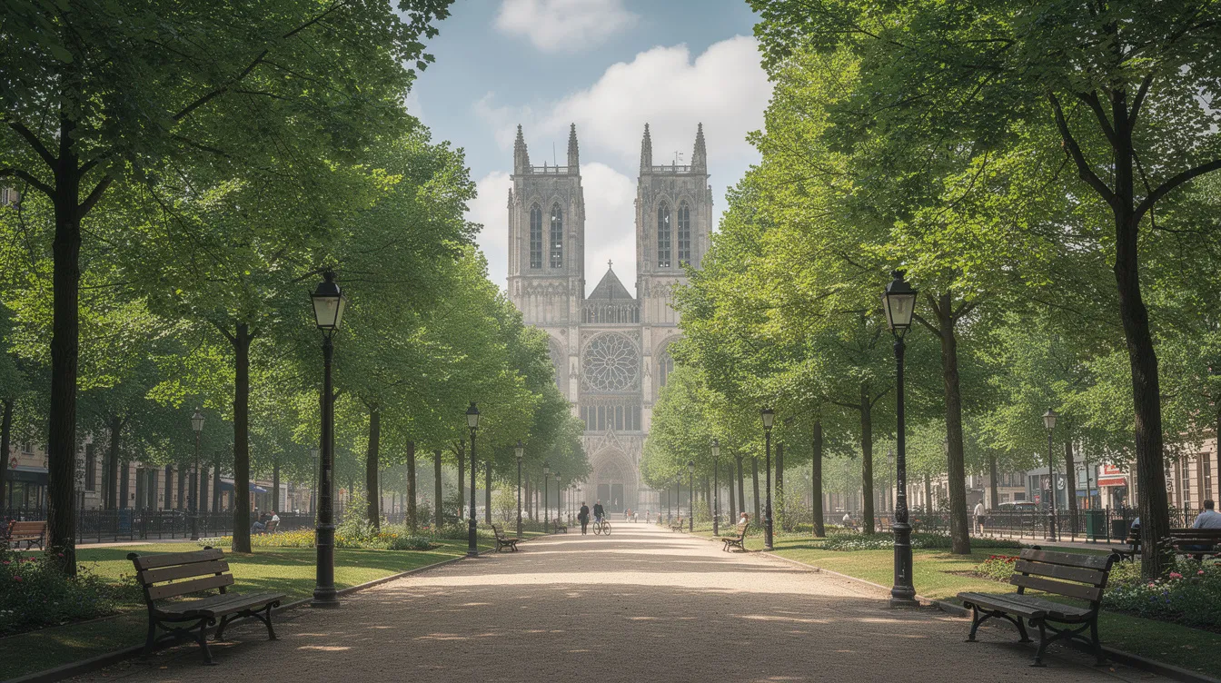 Caminho arborizado em um parque urbano europeu com torres góticas ao fundo, evocando a beleza e a história da cidade de Cracóvia, na Polônia. As árvores e o ambiente tranquilo contrastam com as imponentes construções que remetem à rica herança cultural da região.