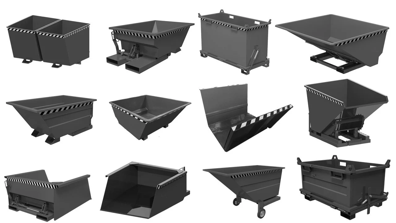 A variety of dumping bins including trash hoppers and dump hoppers