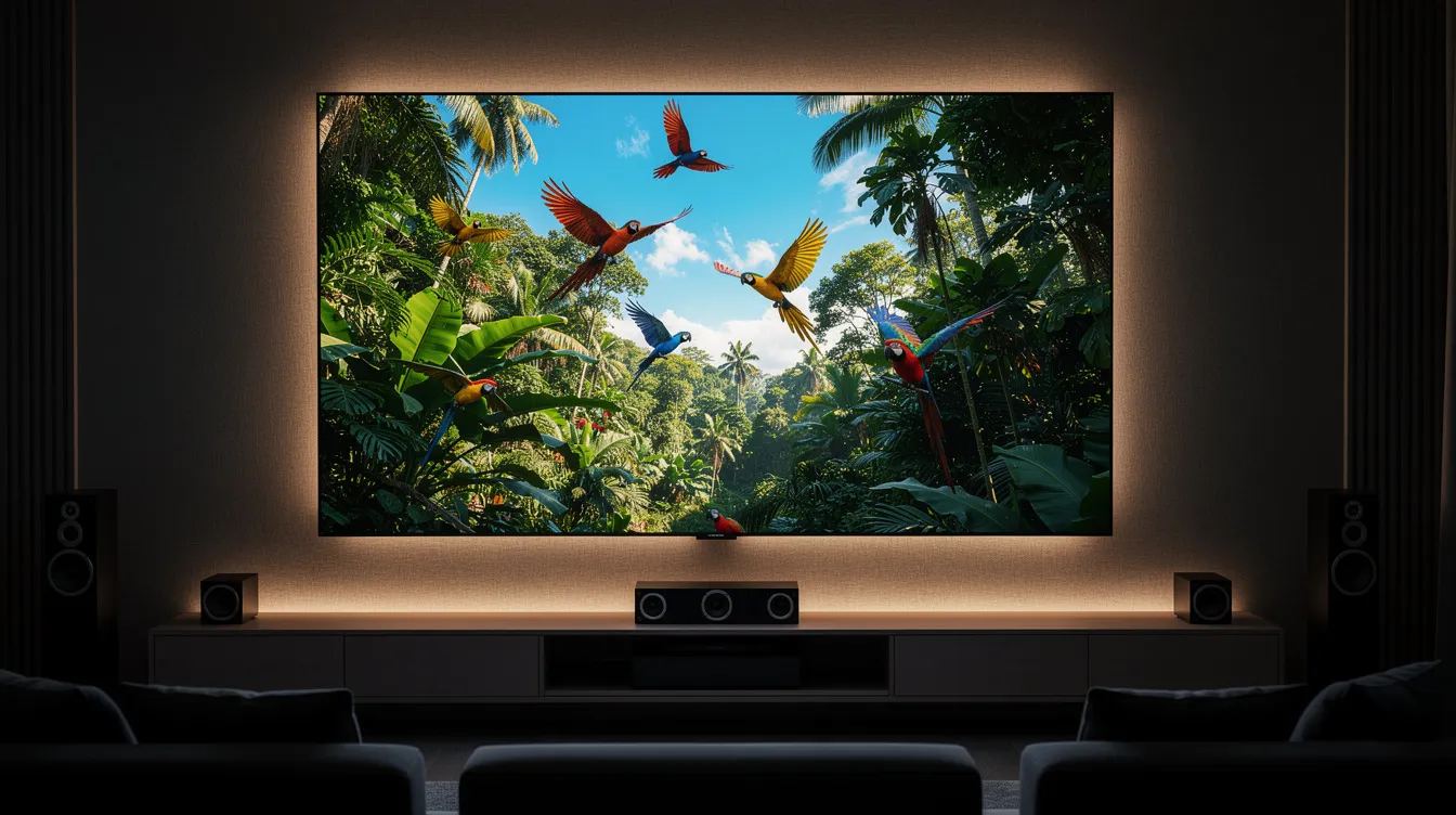 A close-up view of a large 4K OLED television showcases vibrant footage from a nature documentary, enhancing the dimly lit ambiance of a home theater. This setup promises a premium streaming experience, ideal for enjoying live TV channels and documentaries with high-quality visuals.