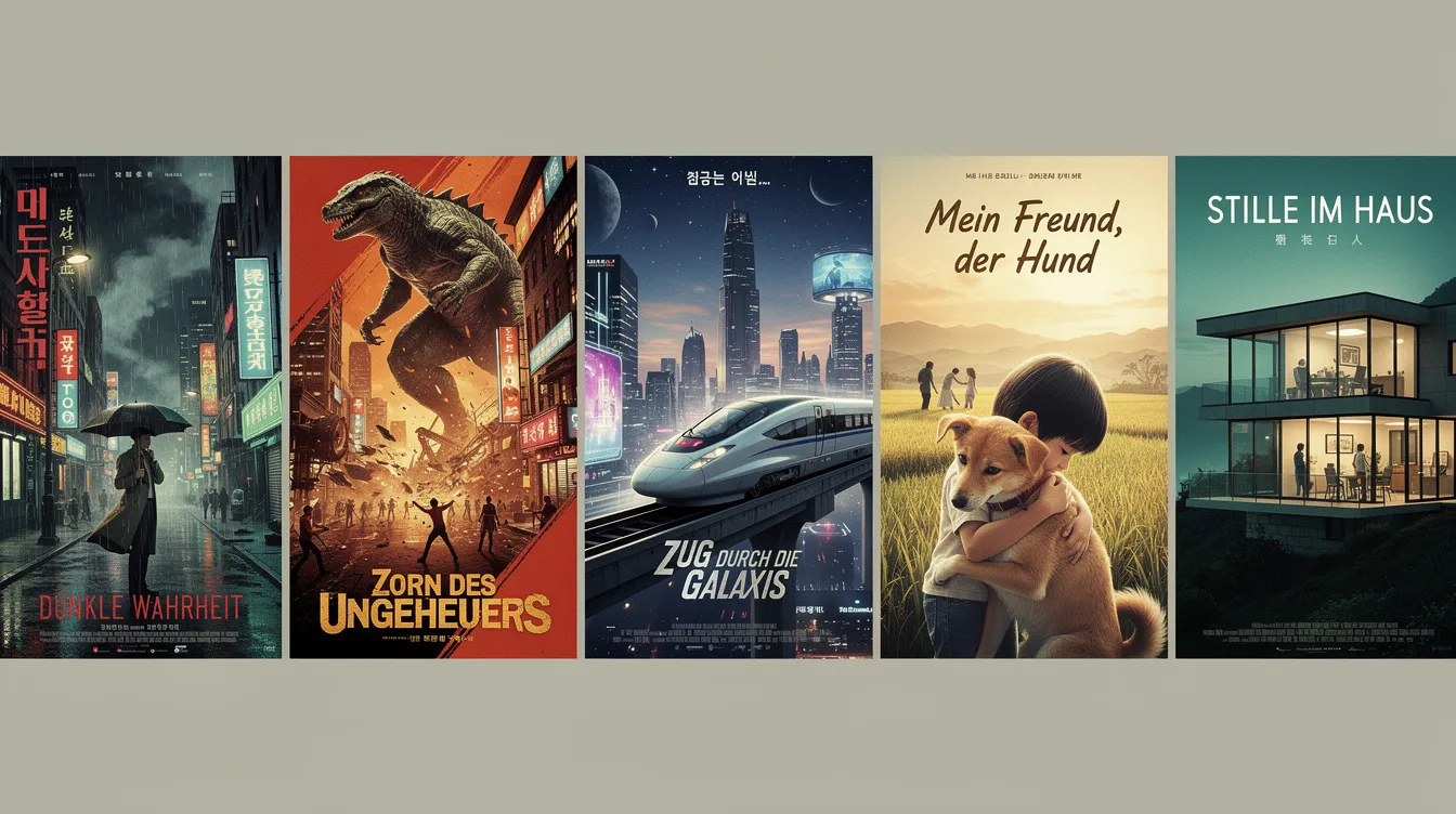 Die Collage zeigt fünf verschiedene Filmplakate im asiatischen Stil, die verschiedene Genres repräsentieren, darunter ein düsteres Krimidrama und einen Monsterfilm. Jedes Plakat spiegelt die Vielfalt der Themen wider, die in Filmen wie "Parasite" behandelt werden, und vermittelt ein Gefühl von Intrigen und gesellschaftlichen Verhältnissen.