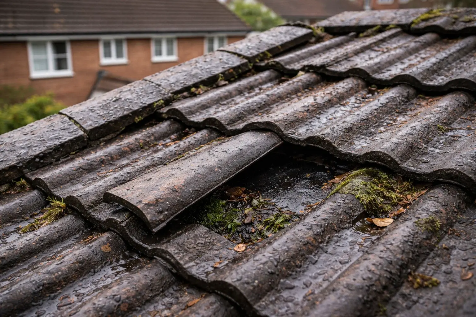 slipped and damaged roof tiles showing common roof repairs in Stockport