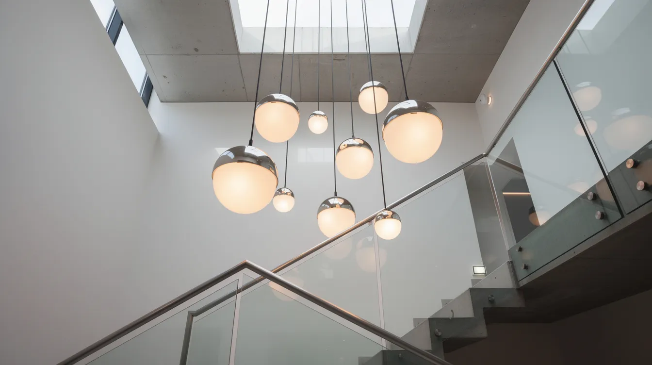 Ett kluster av flera klotpendlar i olika storlekar hänger elegant i ett modernt trapphus, vilket skapar en stilren och inbjudande belysning. Lamporna, som är designade för att passa i olika rum som vardagsrum och hall, ger ett mjukt ljus och bidrar till rummets atmosfär.