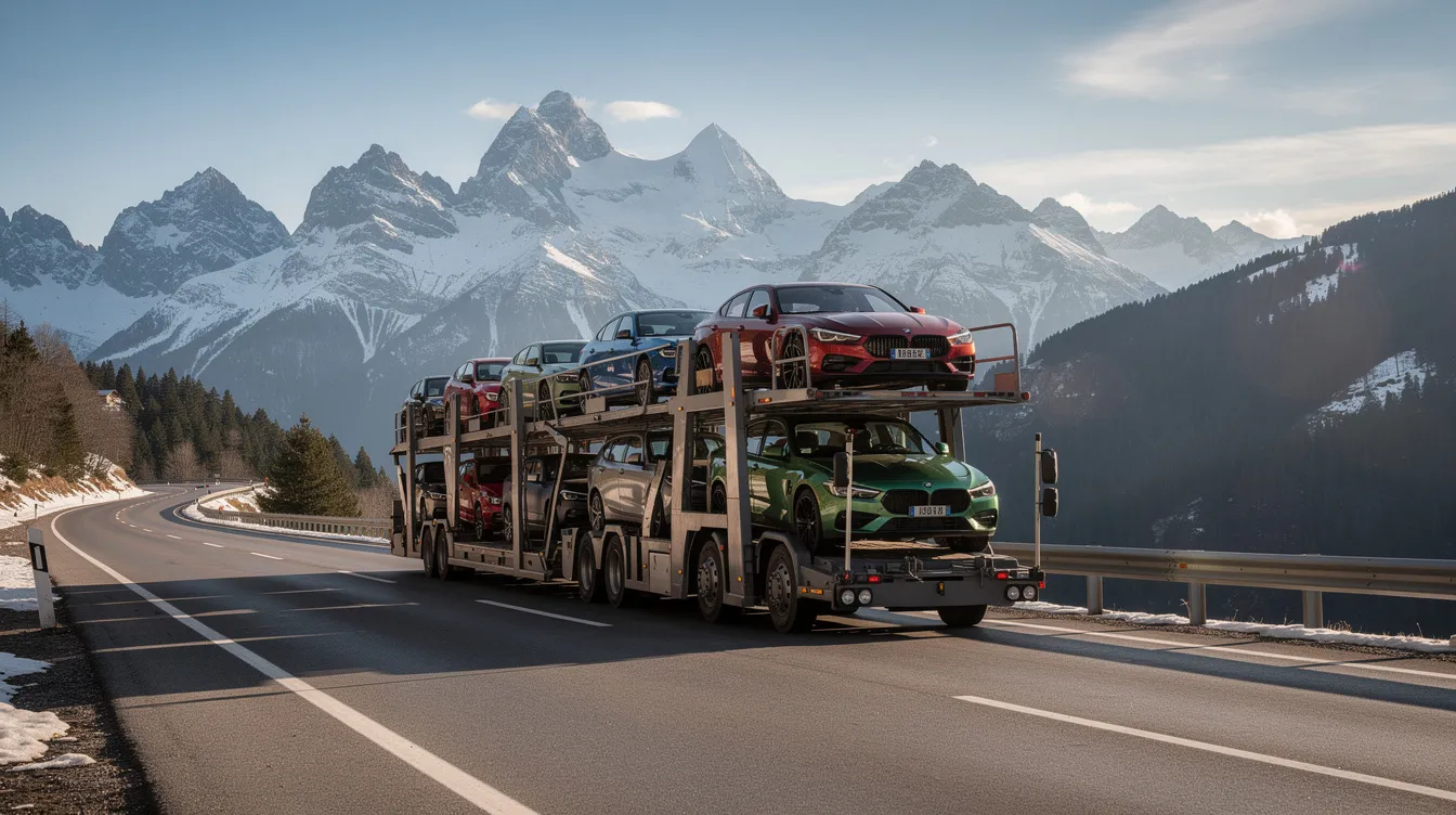A car carrier truck is driving along a mountain highway, with stunning snow-capped peaks in the background, illustrating the scenic route often taken for auto transport services in Colorado. This image captures the essence of vehicle transportation through the picturesque Rocky Mountains, highlighting the reliability and efficiency of car shipping in this region.
