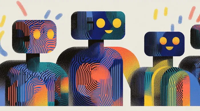 Short description: A whimsical illustration of friendly robot figures with rectangular heads featuring simple yellow dot eyes and smile expressions.