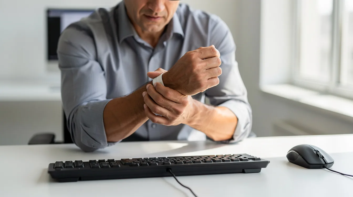 The image depicts a person sitting at a desk, gripping their wrist in pain, likely experiencing symptoms related to carpal tunnel syndrome or other nerve injuries. This scene highlights the impact of repetitive stress injuries in the workplace, emphasizing the need for medical treatment and potential workers compensation claims for injured workers.