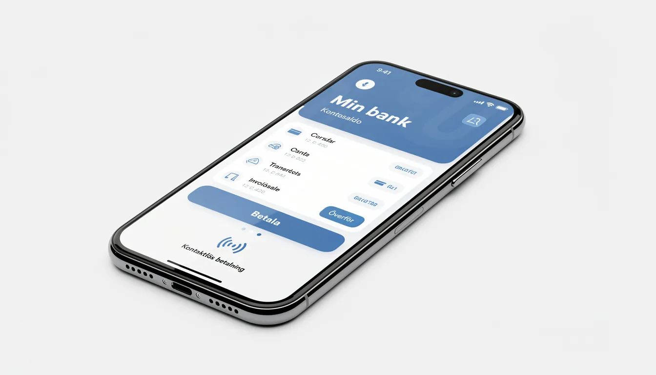 En smartphone visas med en öppen bankapp som har betalningsfunktioner som Swish och Trustly. Appen erbjuder en smidig spelupplevelse hos Cherry, där användare kan spela casinospel som blackjack och roulette, samt hantera uttag och insättningar enkelt.