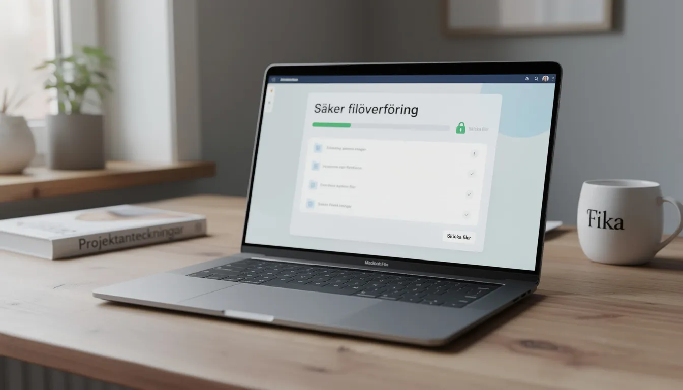 En laptop står på ett skrivbord i ett hemmakontor, omgiven av dokument och en kopp kaffe. Skärmen visar en säker filöverföring, vilket indikerar att användaren arbetar med medicinska bedömningar och information relaterad till hälso- och sjukvården.