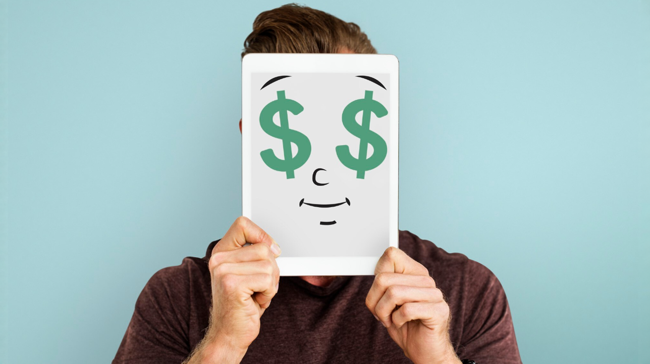 Man with money image over face. Conveys meaning of pricing models for marketing services like email campaigns, paid advertising.