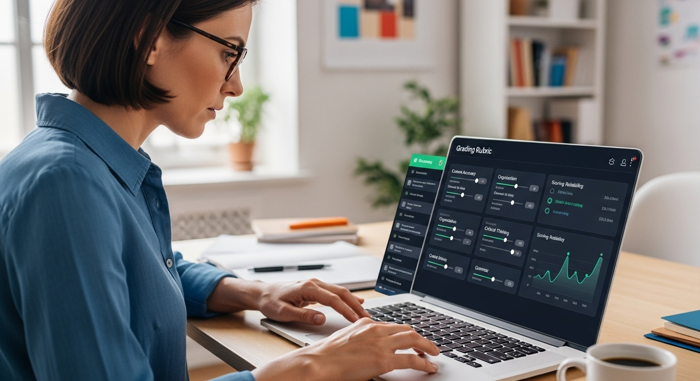 Teacher refining grading rubric inputs in an AI grading dashboard to improve scoring reliability.