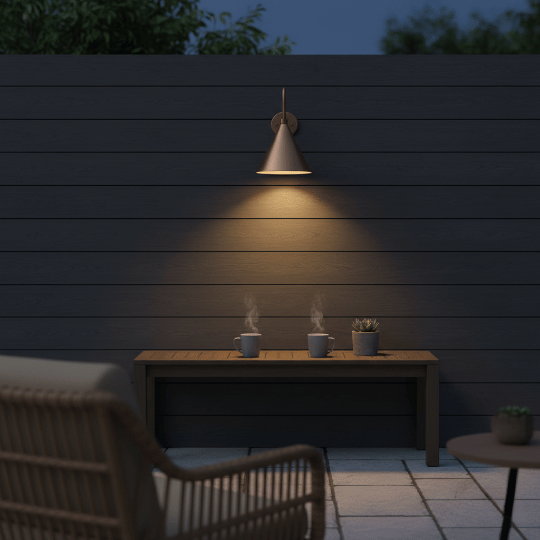 Cone-shaped barn light above an outdoor seating area, casting warm light over a patio table.