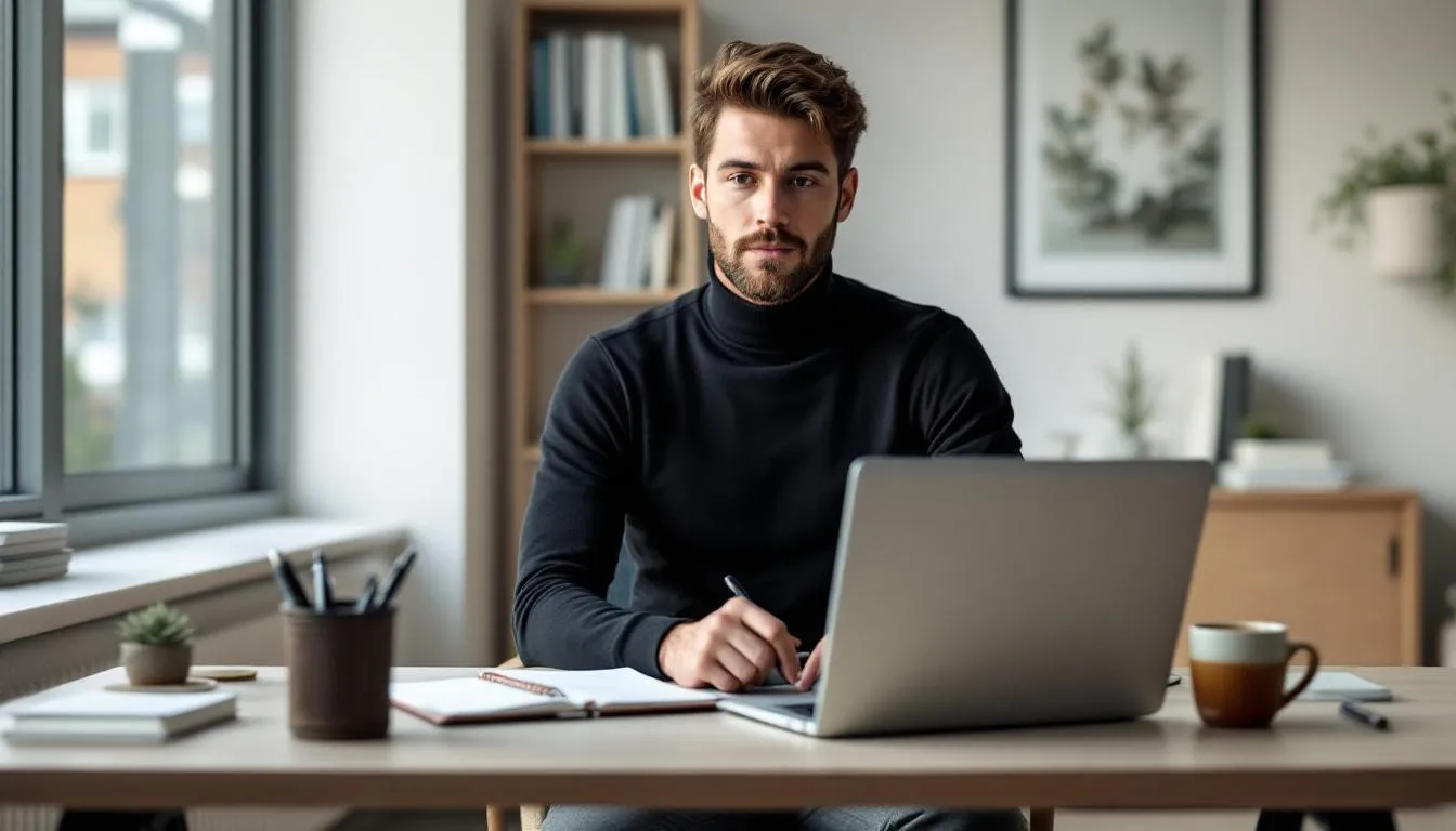 The image depicts a vibrant workspace filled with tools for content creation and monetization, including a laptop, notepad, and coffee cup, symbolizing the journey of starting an online business. It highlights various online business ideas such as blogging, online courses, and social media marketing, emphasizing the potential for creating a successful online venture.