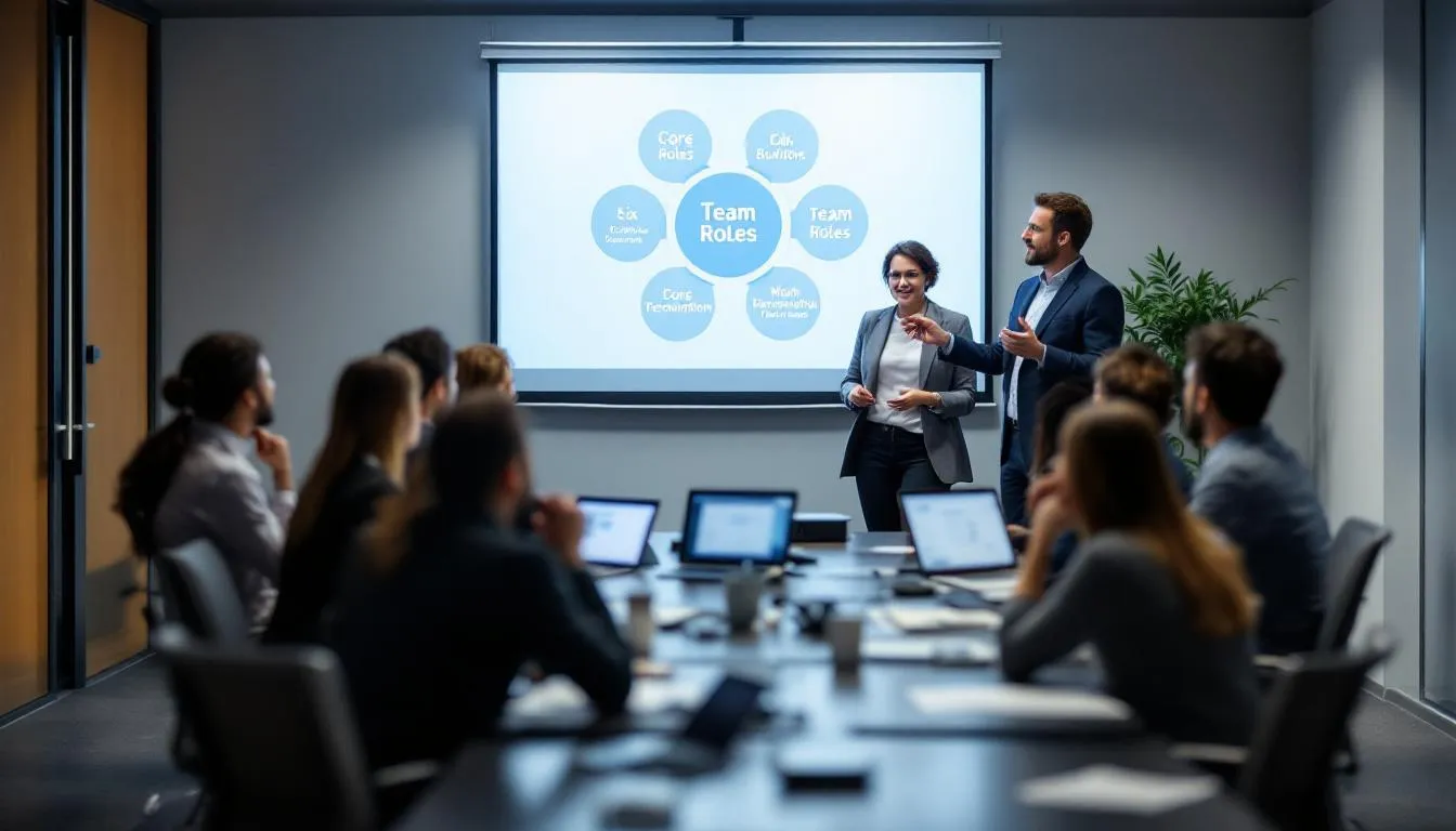 In der Abbildung ist eine interaktive Schulung zu Belbins Teamrollen im Arbeitsumfeld zu sehen, bei der verschiedene Teammitglieder zusammenarbeiten, um die neun Teamrollen nach Belbin zu erkunden. Die Teilnehmer diskutieren Stärken und Schwächen der einzelnen Rollen, um die Teamzusammenstellung und die Rollenverteilung zu optimieren und die Teamleistung zu steigern.