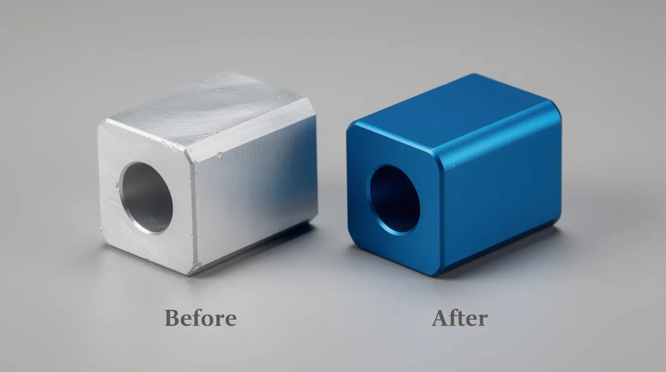 The image shows a before and after comparison of a raw machined aluminum housing next to the same part that has been enhanced with a smooth blue anodized finish. This transformation highlights the precision CNC machining services, showcasing the advanced CNC machining capabilities that improve both aesthetics and corrosion resistance of custom CNC machined parts.