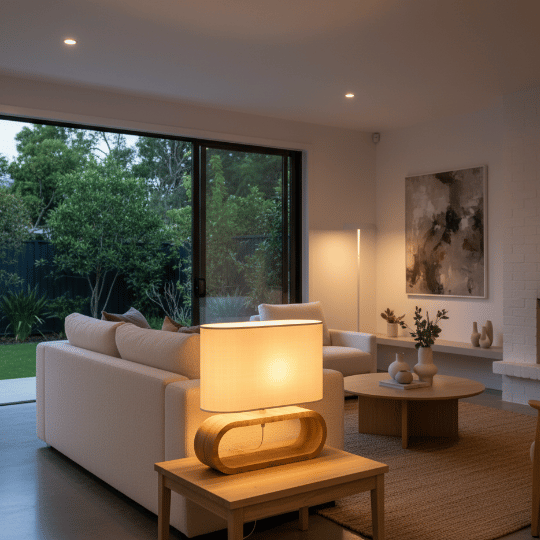 Warm ambient table lamp with a rectangular shade and sculptural base, adding layered lighting as an alternative to a chandelier.