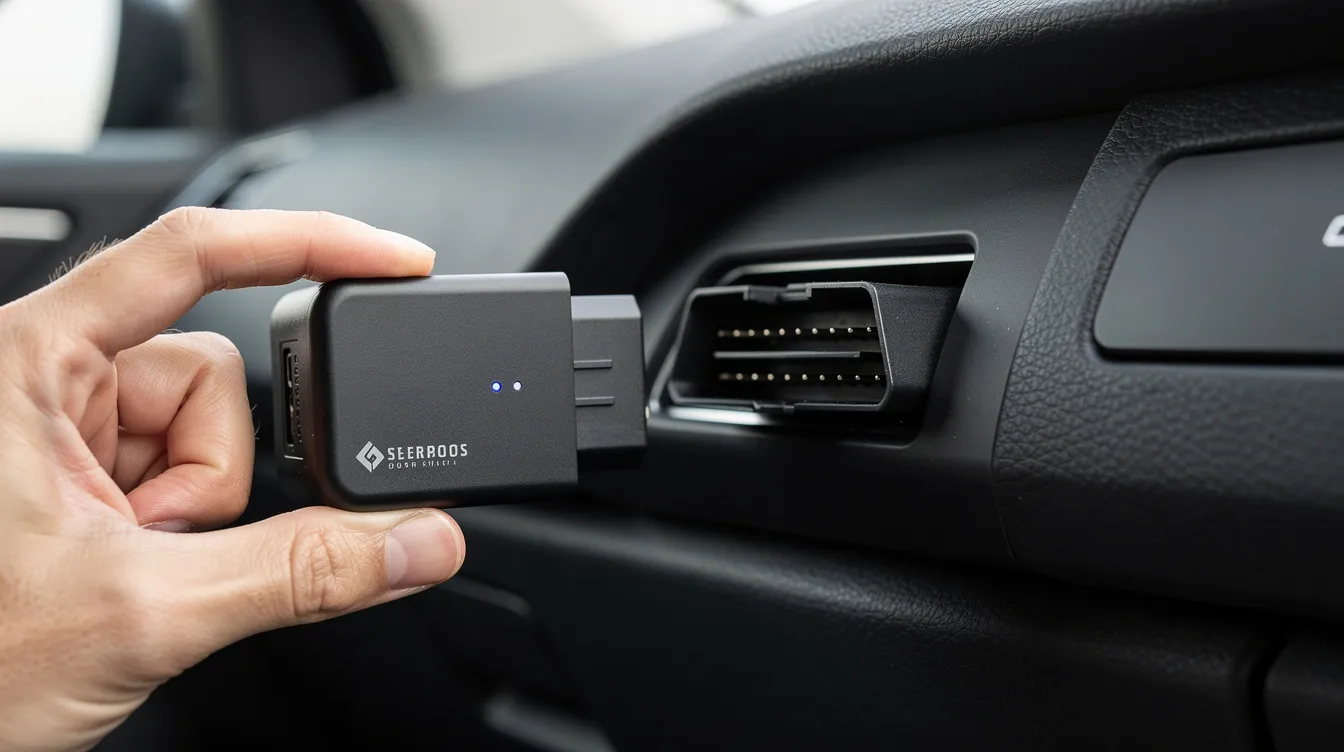 Nationwide telematics device being plugged into a car dashboard port.