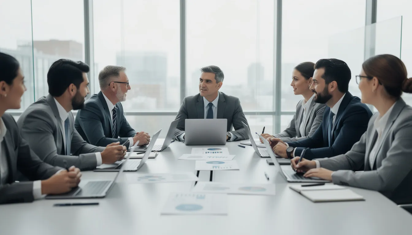 Na obrazie widać zespół biznesowy zgromadzony wokół stołu konferencyjnego, gdzie uczestnicy dyskutują, korzystając z laptopów i analizując dokumenty związane z procesami sprzedażowymi oraz audytem sprzedaży. Atmosfera spotkania sprzyja efektywnemu zarządzaniu i monitorowaniu efektów działań sprzedażowych.