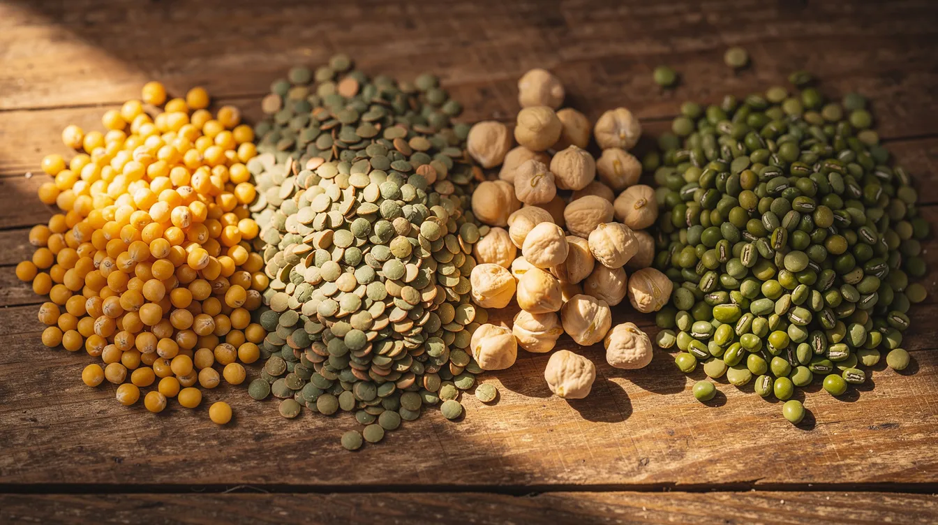 A close-up view showcases a variety of dried pulses, including yellow peas, green lentils, chickpeas, and mung beans, artfully arranged on a wooden surface. These pulse proteins are rich in essential amino acids and offer significant nutritional benefits, making them valuable components in plant-based diets.
