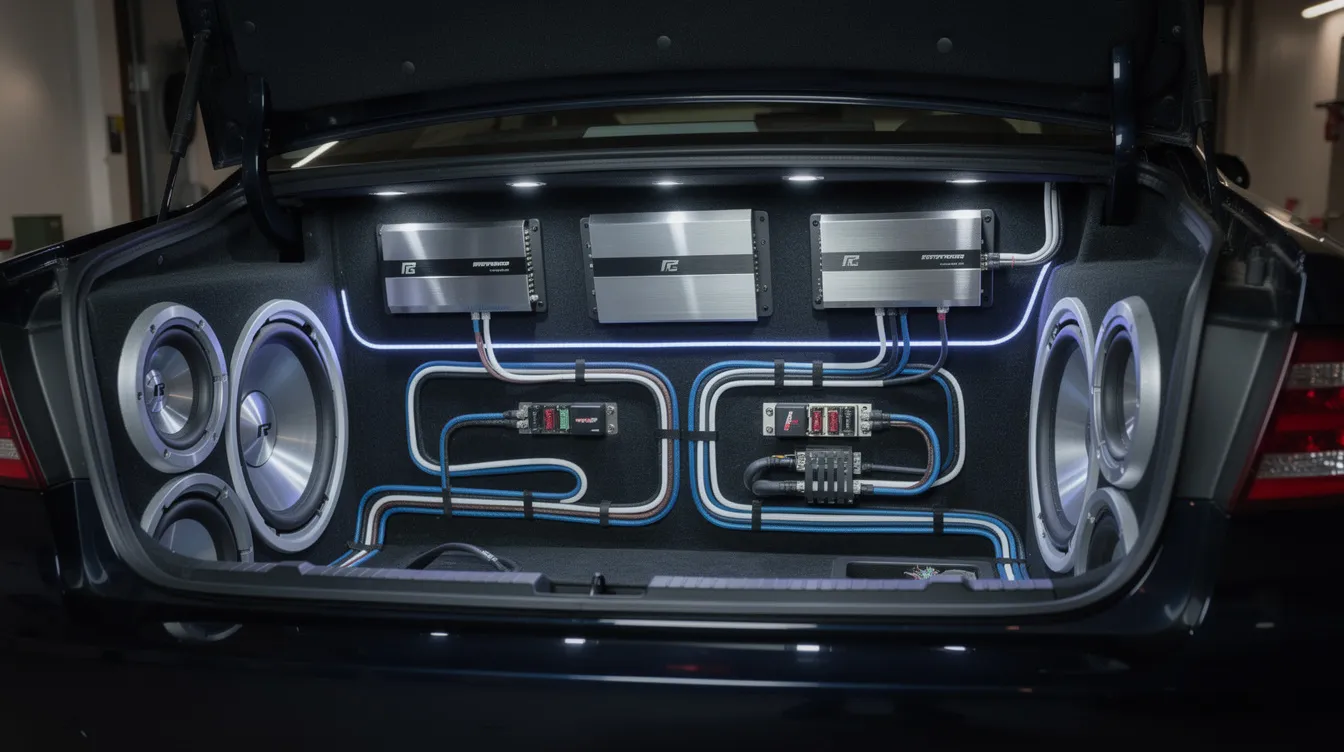 The image showcases a customized car audio trunk featuring multiple subwoofers and amplifiers, all meticulously arranged with clean wiring for optimal sound quality. This setup is designed for car audio enthusiasts, aiming to achieve extreme sound pressure levels (SPL) for an immersive listening experience.