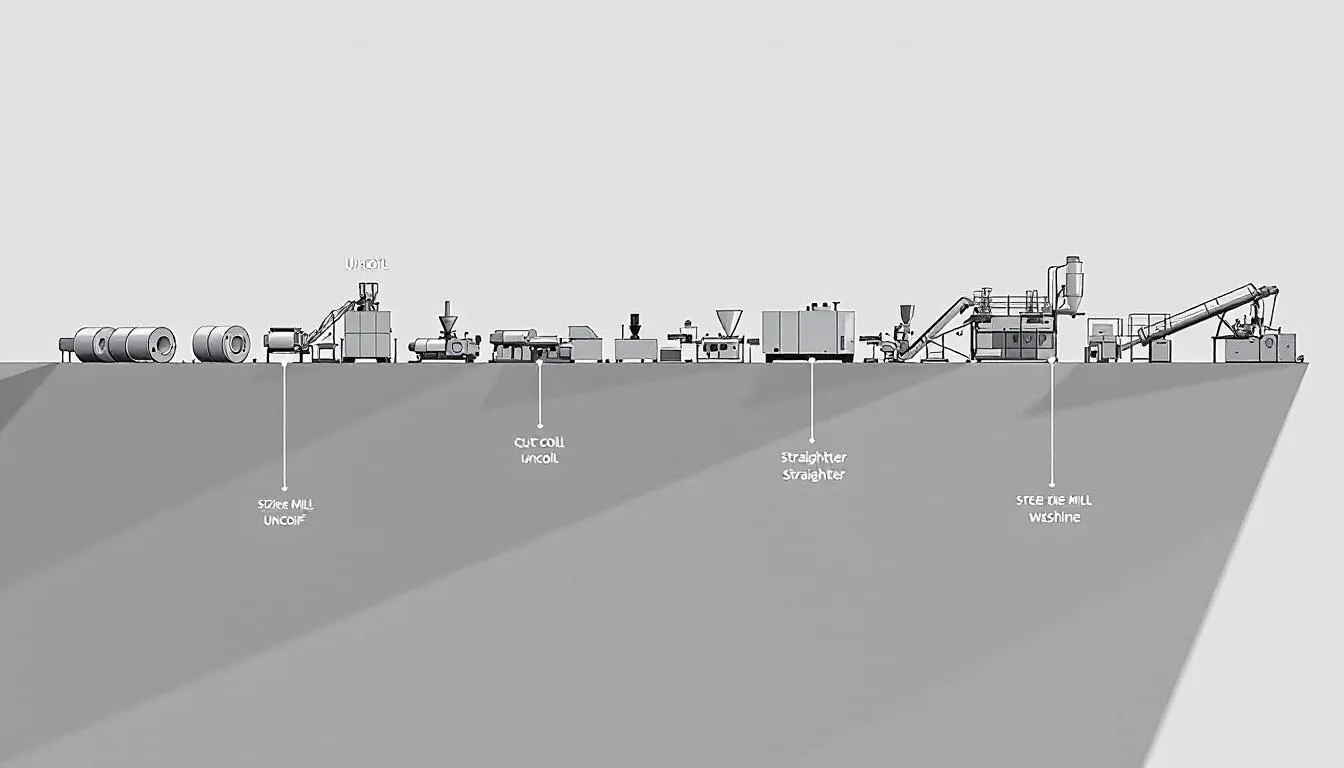 The process flow of an ERW tube mill line with machines and steel coils.