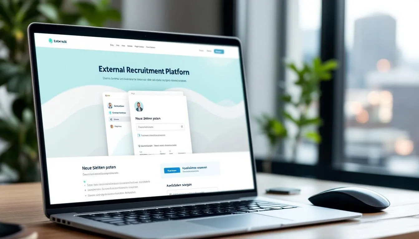 Eine Person sitzt an einem Laptop und nutzt eine Online-Plattform zur externen Personalbeschaffung. Auf dem Bildschirm sind Stellenausschreibungen und Informationen zu möglichen Kandidaten für verschiedene Positionen in Unternehmen sichtbar, während die Person aktiv nach geeigneten Mitarbeitern sucht.