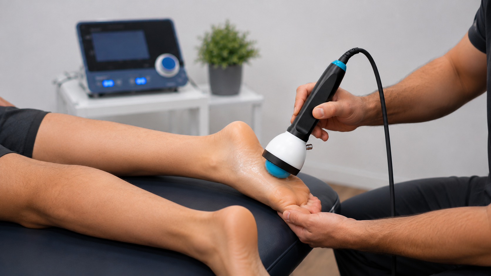 Close-up of a shockwave therapy device being applied to a patient's heel and arch
