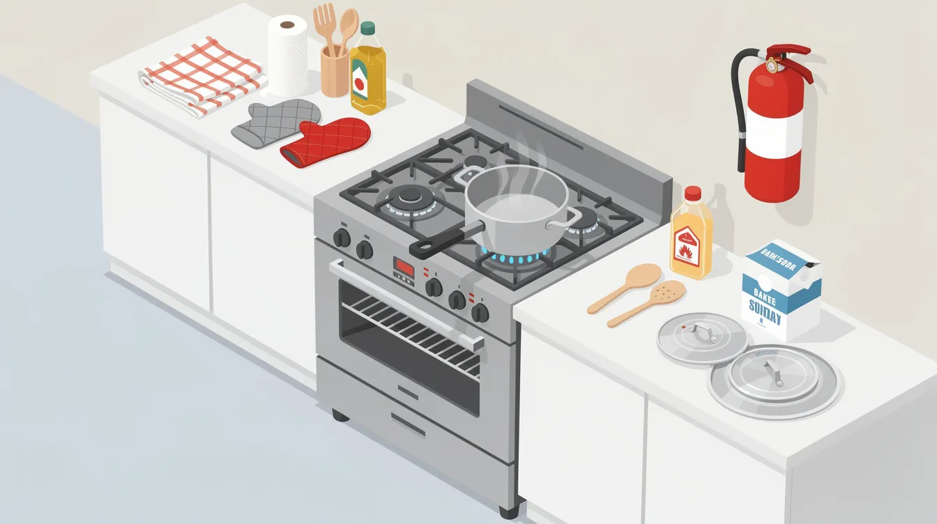 A kitchen scene showing flammable materials kept away from the stovetop, highlighting kitchen fire safety tips.