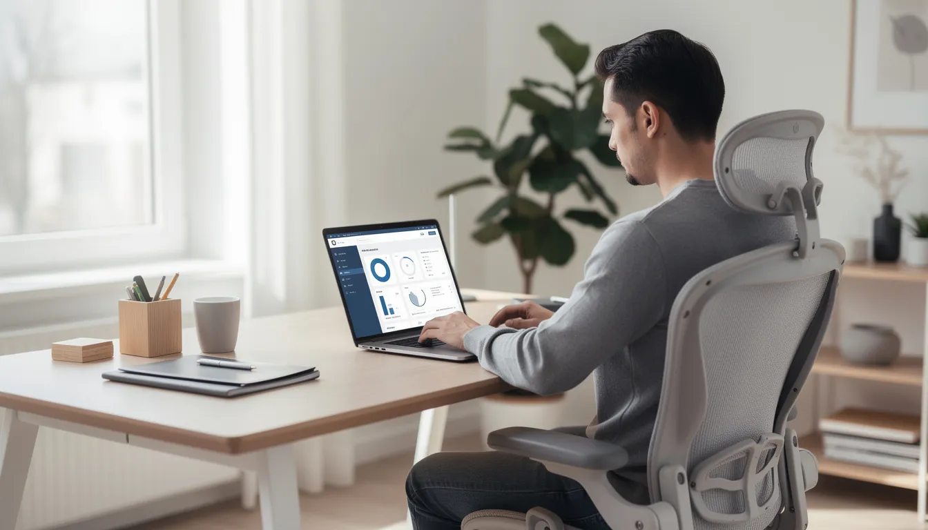 A military spouse is focused on their laptop in a sleek, modern home office, surrounded by organized work materials and a plant. This setting reflects a commitment to career advancement and professional development, showcasing the importance of technology and education for military families.