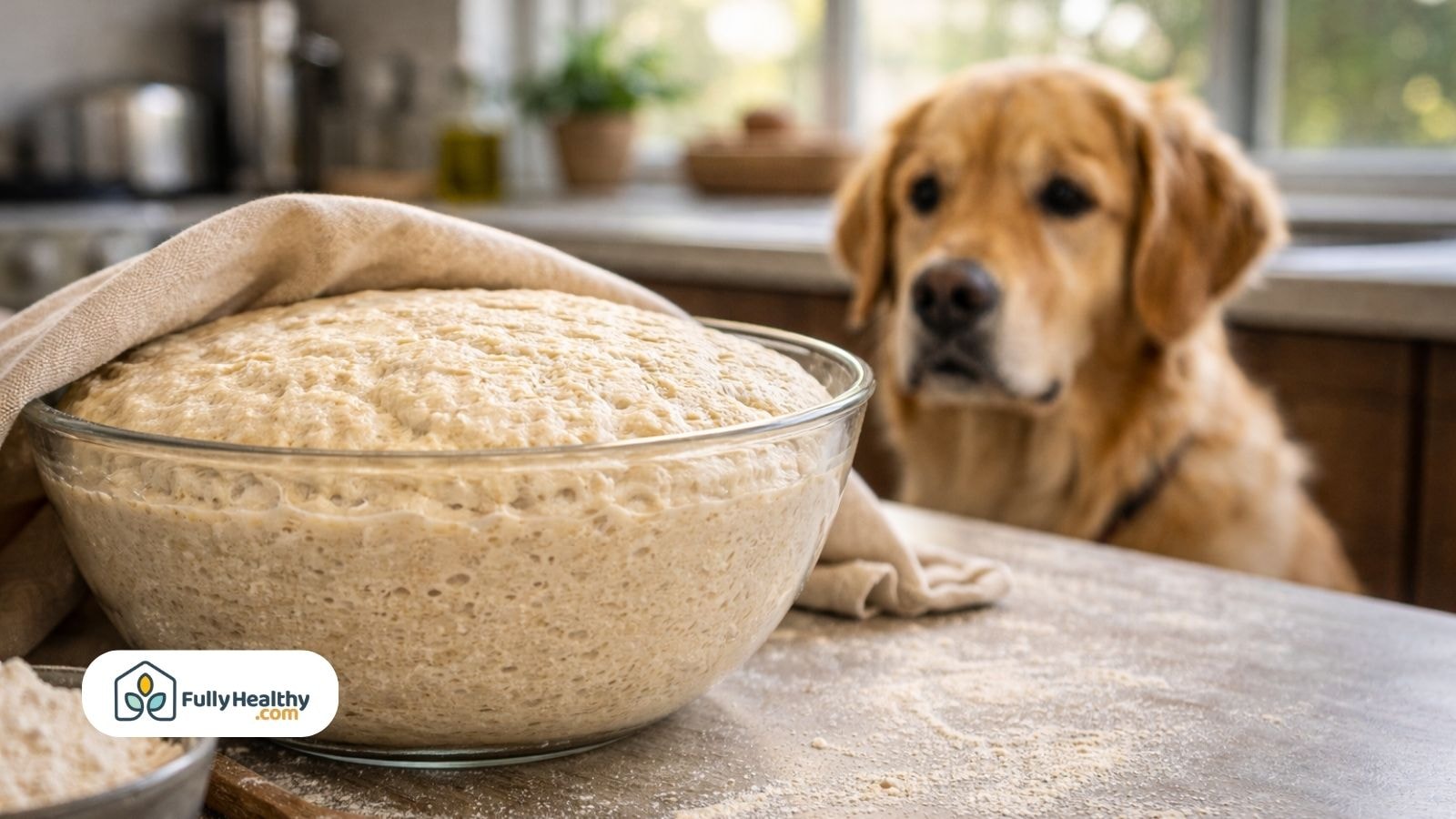 Golden retriever watching bowl of rising sourdough dough