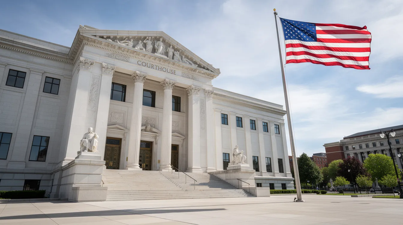 The image depicts the exterior of a courthouse, prominently featuring the American flag waving above the entrance. This setting is often where legal matters such as child support and spousal support cases are addressed, providing a space for parents to file necessary documents and attend hearings.